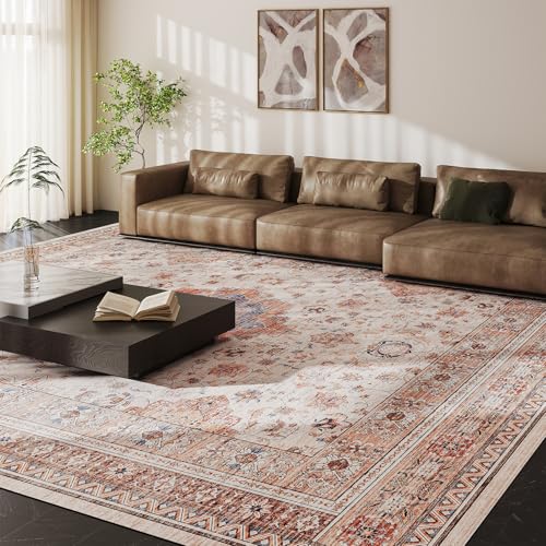 Vintage 8x10 Washable Area Rug, Low-Profile Large Area Rug with Non-Slip Backing & Durable Edge Binding, Pet-Friendly Carpet, Large Rug for Living Room, Bedroom, Dinning Room