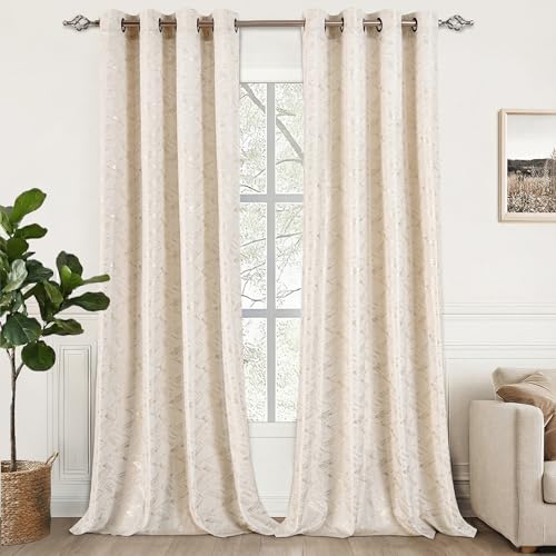 White and Gold Luxury Curtains for Living Room Ivory Gold Foil Print Velvet Blackout Curtains 84 Inches Long for Berdoom Cream Modern Art Deco Thermal Insulated Room Darkening Drapes 2 Panels Grommet