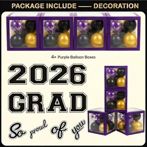 Image of Black and Purple Graduation Decorations Class of 2026 - Graduation Balloon Boxes, Balloon Arch Garland Kit, Party Decorations 2026 for Any Grades