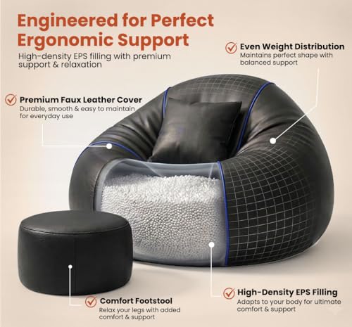 Image of Sattva Piping 3XL Sofa Style Bean Bag Chair with Beans Filled | Faux Leather Bin Bags Sofa Combo with Footstool & Cushion | Large Beanbags for Adults, Teens & Home - Black with Royal Blue Piping