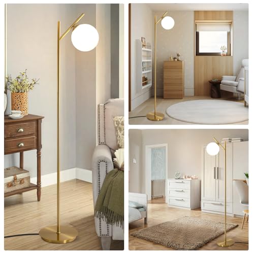 Image of Mid Century Floor Lamp for Living Room Modern Tall Standing Lamp with Frosted Glass Globe Shades Contemporary Brass Freestanding Lamp for Office Bedroom (Gold)