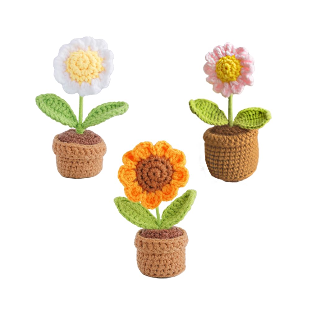 Magicherry 3 Pieces Knitting Crochet Flowers Potted Plants Handmade Crochet Daisy Chamomile Sunflower Cute Artificial Forever Flowers for Home Office Car Dashboard Decor