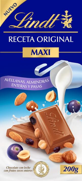 Lindt Tableta de Chocolate con leche con Avellanas, Almendras y Pasas, chocolate Lindt, cremoso y suave, chocolate suizo tradicional, 200gr