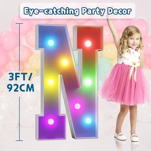 Image of Imprsv Colorful 3FT Marquee Letters N, 18 Colors Large Light up Letters | RGB with Remote, Birthday Party Decorations Anniversary Wedding Decorations Assembly Required 23 Pcs Accessory Set