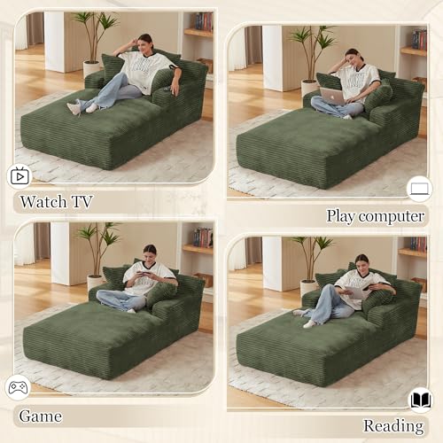 Image of 80 Inch Chaise Lounge Chair Indoor, Oversized Corduroy Upholstered Boneless Sofa Bed, Deep Seat Sleeper Couch Reading Chairs, Cloud Sofas Couches for Living Room, No Assembly Required (Olive Green)