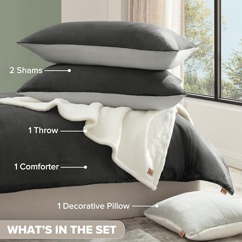 Image of UGG Remina Comforter Set 5 Piece Bed in a Bag with Throw Blanket, Decorative Pillow, Shams, and Reversible Comforter Hypoallergenic Washable Luxury Plush Warm Fluffy Bedding Set, King, Charcoal Grey