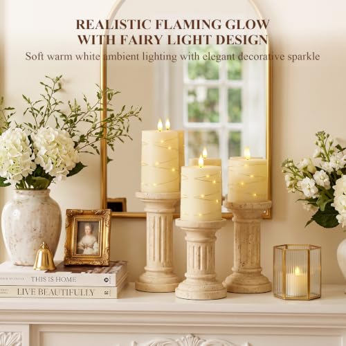 Image of Homemory Ivory Flameless Candles with String Lights, Set of 3 Battery Operated LED Pillar Candles with 3D Flickering Wicks, 11-Key Remote Control and Timer for Home, Wedding and Christmas Decor