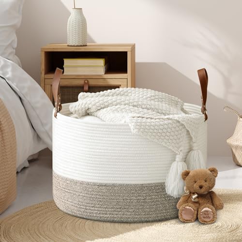 Image of Extra Large Laundry Basket 20 inchx 20 inch x 13 inch Living Room Woven Storage Kids, Cotton Rope Basket with Leather Handle for Blanket Toys Pillow Organization, Kids Nursery Gift, White & Brown