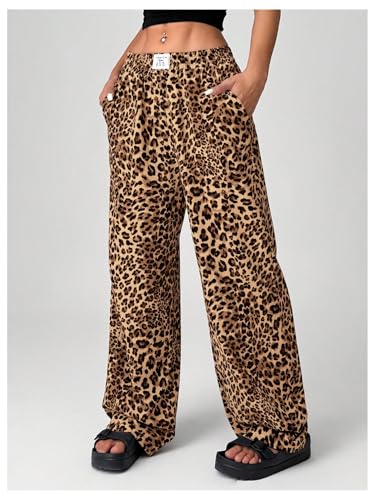 Image of RoseSeek Women's Letter Leopard Print Y2K Straight Elastic Waist Leg Pants