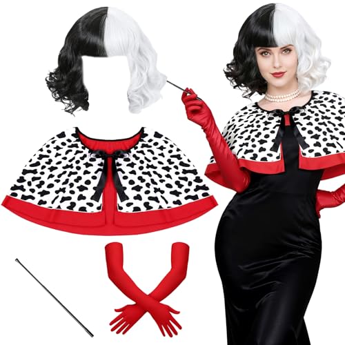 Bryndo Set di 7 accessori per costume da Crudelia, kit per travestimento da Crudelia, con mantello, parrucca, guanti, per Halloween, cosplay, feste