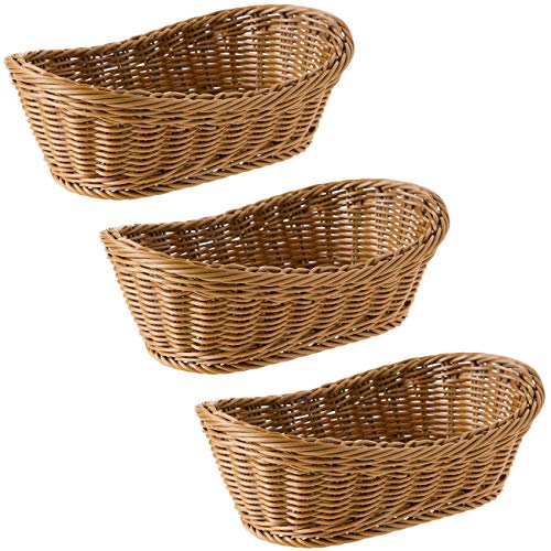 収納バスケット 楕円形 パンかご 洗えるバスケット 野菜バスケット PP製収納かご 籐風 ベーカリー ディスプレイ 和風収納 バスケット オーバル パン 果物 雑貨 3個セット 大/29 x 19.5 x 10.3cm