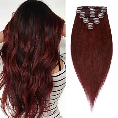S-noilite 18Inch Clip in Hair Extensions Burgundy Real Human Hair 8pcs 18 Clips 100g Full Head Soft Straight Clip on Human Hair Extension For Women #99J Wine Red