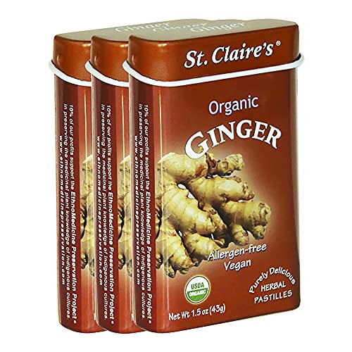St. Claire’s Organic Herbal Pastilles, (Ginger, 1.5 Ounce Tin, Bundle of 3) | Gluten-Free, Vegan, GMO-Free, Plant-based, Allergen-Free | Made in the USA in a Dedicated Allergen-Free Facility