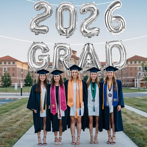 Image of Silver 2026 GRAD Foil Balloons, 16 Inch Metallic Silver Grad Congrats Balloons Banner for Graduation Decorations 2026, College High School Class of 2026 Graduate Congratulations Party Decor Supplies