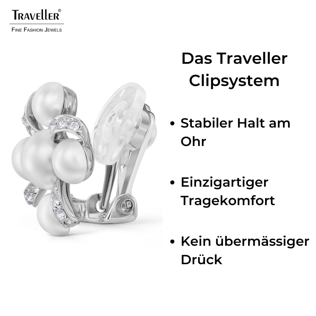 Traveller Ohrclips - Damen - Silberfarben - Perle - Ø 8 & 6mm - Weiß - Kristalle - Platiniert - 20x20mm - 114360