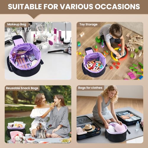 Lay Flat Drawstring Makeup Bag,Travel Cosmetic Organizer for Women,Large Capacity Toiletry Bag,Portable Open-Flat Design for Skincare and Makeup Brushes (Purple)3