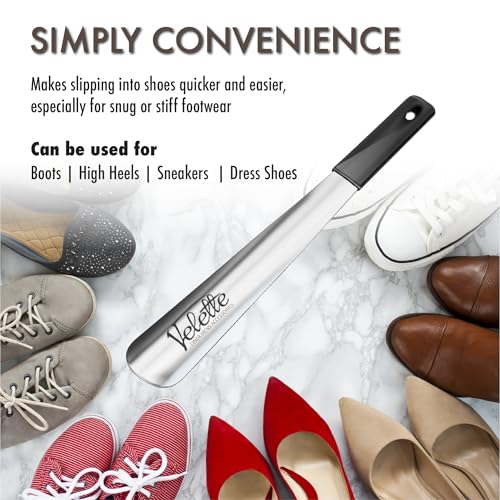 Image of Velette Metal Shoe Horn Long Handle For Seniors, 15 inch Long. Extra Long Shoe Horn for Kids, Or Great Shoe Horns for Boots