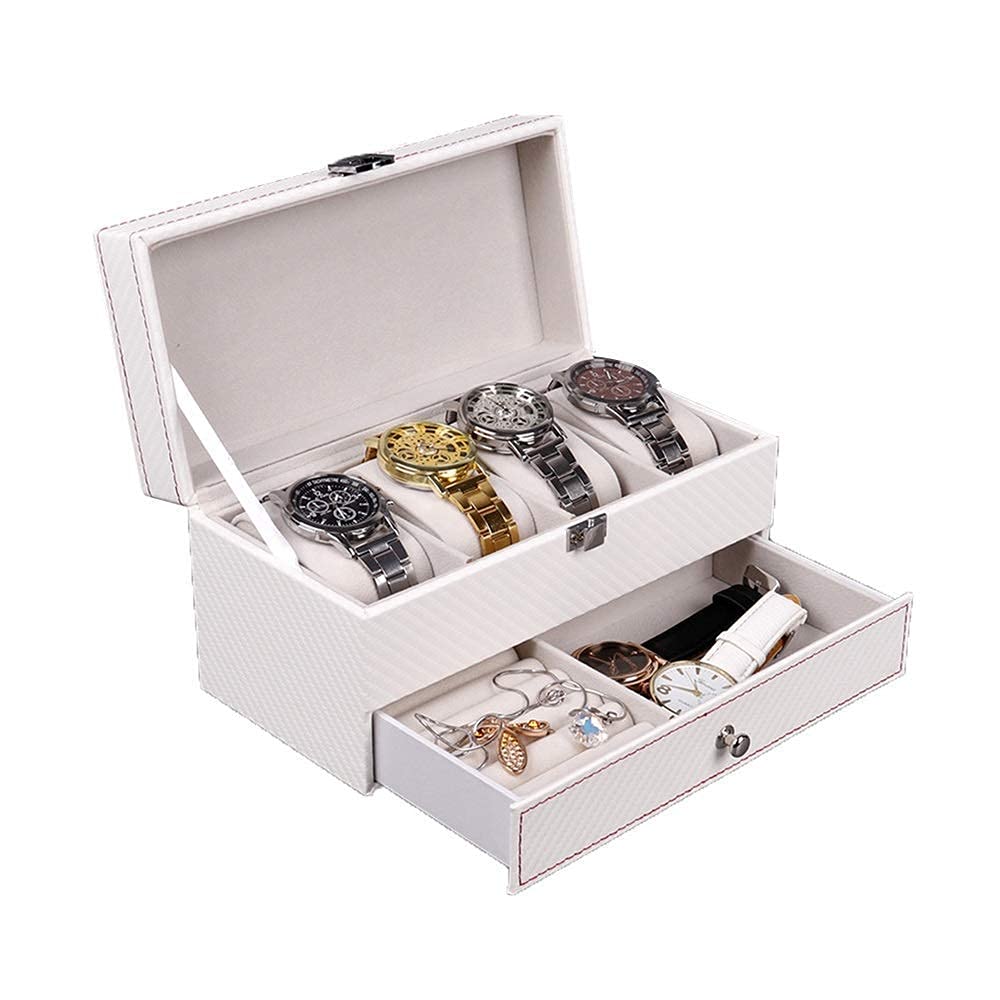 QUSYZD Automatic Watch Winder,Box Men Organizer Box Carbon Fiber Double Layer Jewelry Box Lockable White Display Storage Box for 4 Watches Organizer,