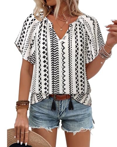 Unixseque Summer Tops for Women Casual Boho Blouses Short Sleeve V Neck Shirts Tie Front 2025 Trendy Beach Vacation Clothes2