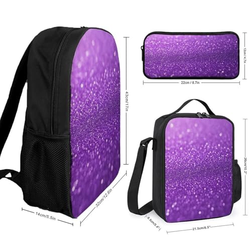 17 Inch Backpack with Lunch Bag and Pencil Case Set Purple Glitter Sparkle Pattern Casual Daypack Insulated Lunch Box Stationery Organizer Pouch2