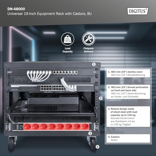 DIGITUS DN-48000 - Rack de Audio - 19 Pulgadas - 8U - Rack de Equipo Universal - para Accesorios de Audio y vídeo - Sin Montar - Carga máxima 136 kg - con Ruedas - Negro - imagen 5