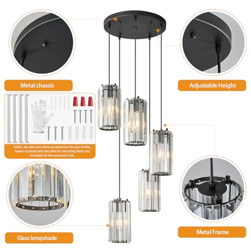 Image of Black Pendant Lighting Modern Pendant Light, Mini Crystal Chandeliers,Adjustable Pendant Light Fixture for Kitchen Island Dinning Room Corridor Bedroom(Gold 5-Light)