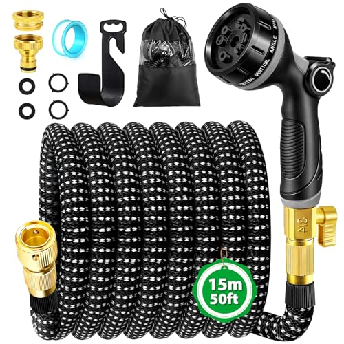 WEVOL Manguera Jardin Extensible 15M, Manguera Extensible con Conectores de 1/2' 3/4' y Soporte de Pared, Mangeras Jardineria con 10 Funciones Pistola para Jardín, Lavar la Mascota, Lavado de Coche