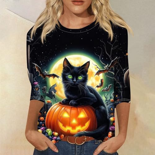 Cute Funny Halloween Shirts for Women Plus Size 3/4 Length Long Sleeve Womens Tops Witch Gothic Renaissance Shirt