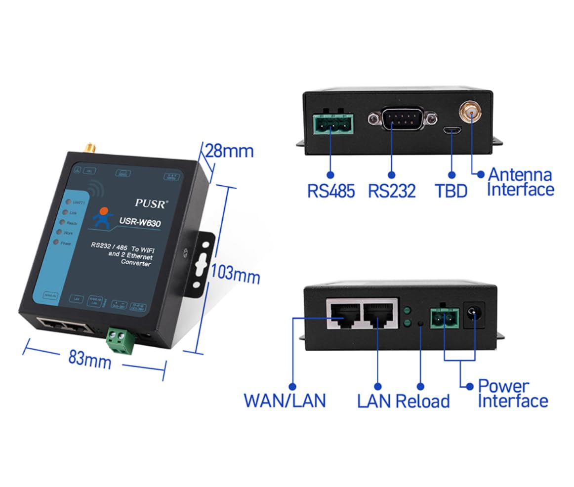 USR-W630 Industrial Serial RS232/RS485 to WiFi and Ethernet Server to Serial RS232 RS485 Wi-Fi Converter Soporta Dual RJ45 Ethernet Puertos Modbus RTU a Modbus TCP con adaptador DC