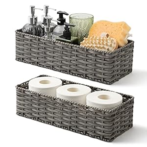 GRANNY SAYS Wicker Baskets for Organizing, Waterproof Toilet Paper Storage Basket, Towel Baskets for Bathroom Organizing, Gray Bathroom Basket for Storage, 15¾” x 6½” x 4¼”, 2-Pack