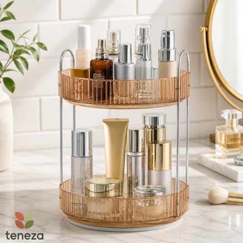 Image of 360 Rotating Organizer, dressing table organiser, rotating makeup organisers, Plastic dressing table organizer for storage Lipsticks, Nail Polishes & Perfume Organizer | Bathroom tray - Yellow,2 Layer