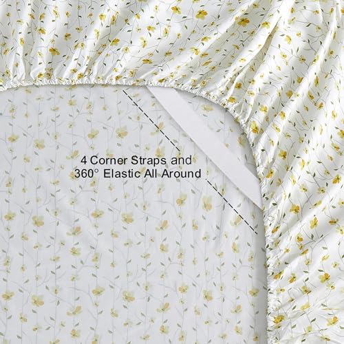 Image of Softan King Sheet Set Yellow Floral Bed Sheets Printed Sheets - 4 Piece Soft Microfiber Patterned Fitted Sheets King with 15 inch Deep Pocket and Corner Straps, Cute Yellow Flower Sheets & Pillowcase Set