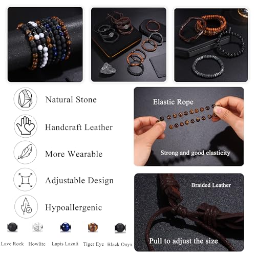 FIRAZIO Tiger Eye Bracelet For Men 8MM Natural Stone Stretch Adjustable Tree of life Leather Bracelets Mens Accessories Pulseras Para Hombres Crystal Beaded Bracelet for Men Women Gifts4