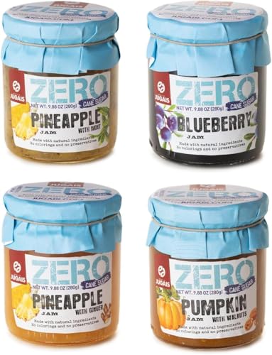 Selección de mermeladas sin azúcar añadido – Pack de 4 x 280g de untables de fruta – Piña y menta, Piña y jengibre, Calabaza y nuez, Arándanos – Conservas endulzadas de forma natural