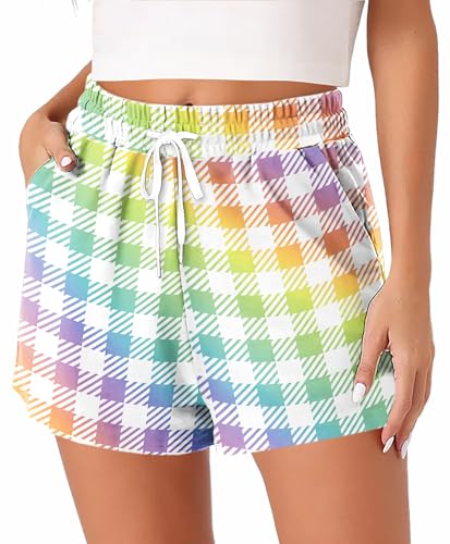 Women Checkered Pajama Short Gradient Plaid Wide Leg Beach Workout Shorts Casual Summer Stretchy Lounge Bottoms L