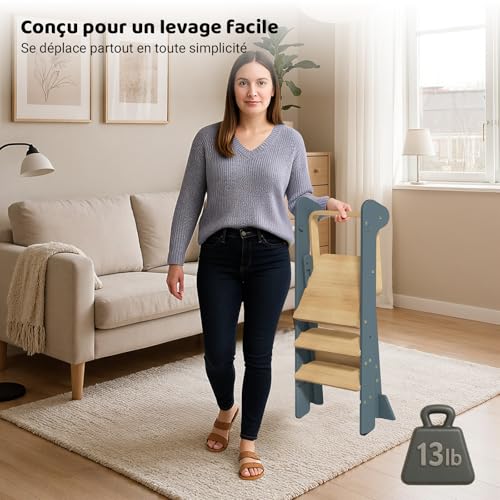 COSYLAND Tour d’Observation Montessori Enfant Pliable – If Design Award, Tour d’Apprentissage en Bois Réglable en Hauteur dès 1 an avec Filet de Sécurité, Kitchen Helper Bébé – Slate Blue & Naturel – vue 9