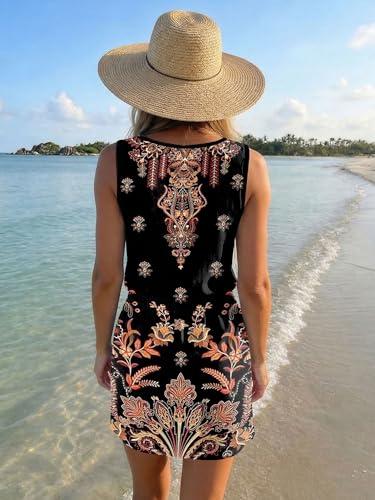Image of SAUKOLE Womens Sleeveless T Shirt Dresses Casual Cute Floral Print Short Dress Summer Fashion Front Pockets