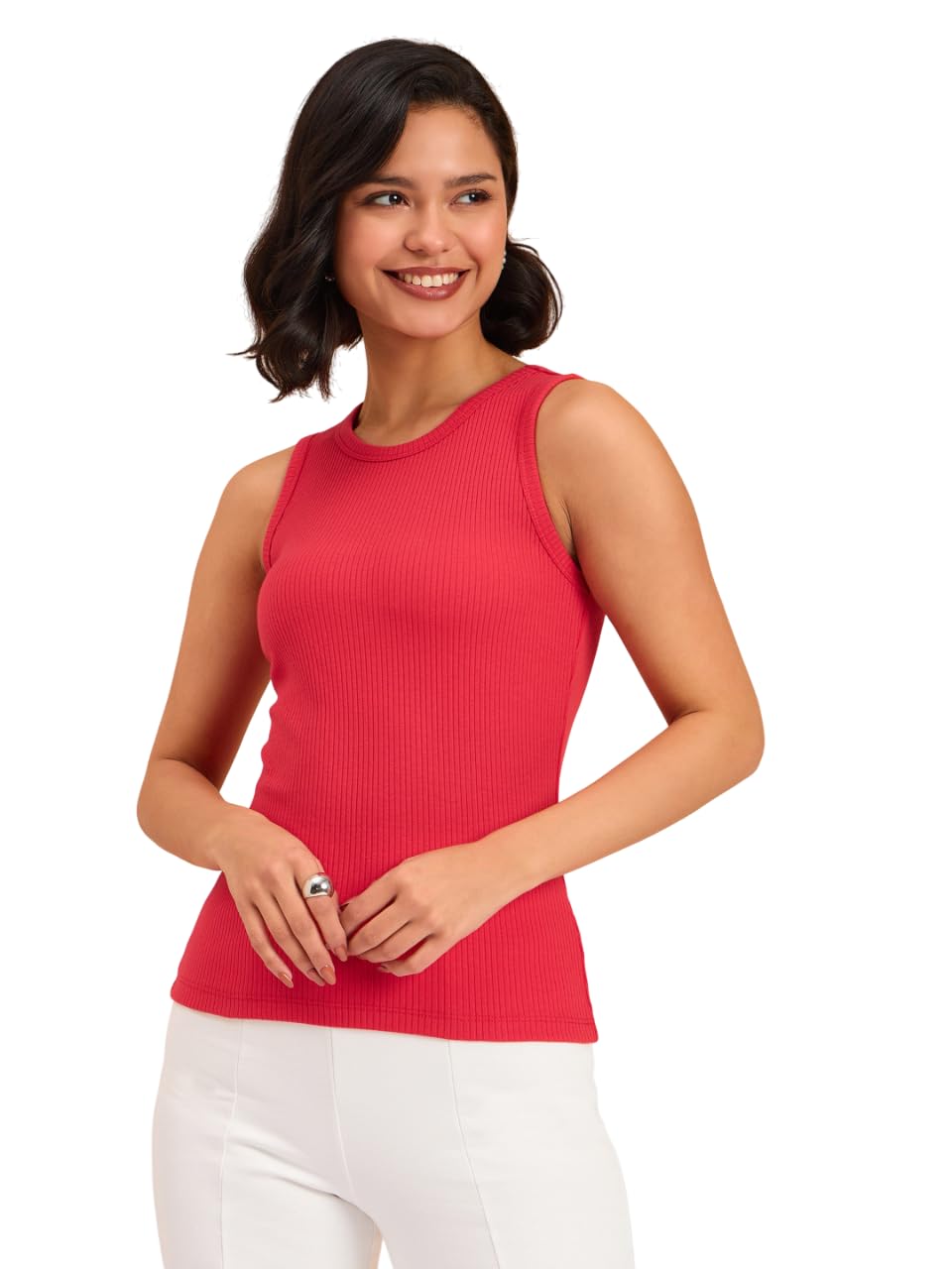 barcino Red Ribbed Round Neck Tank Top-picture-22