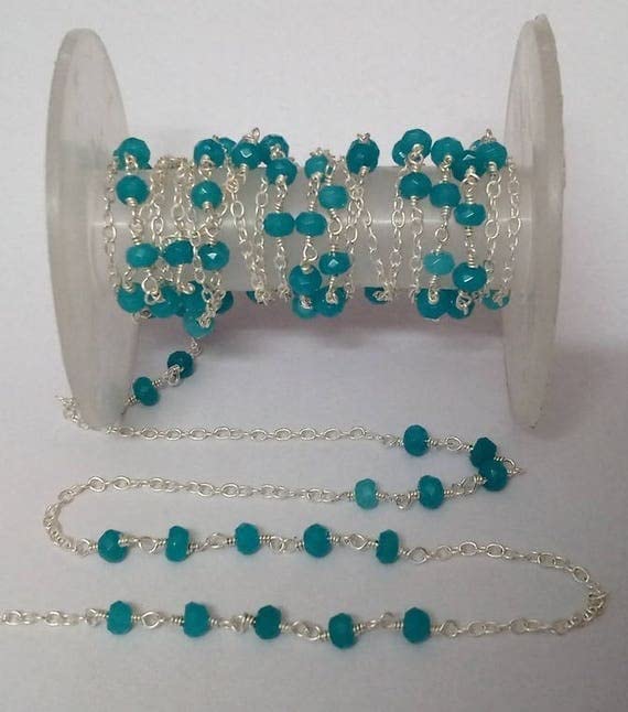 Chaîne perle calcédoine bleue 3mm fil argent 925 pour création bijoux DIY