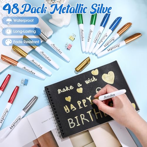 Image of Motiskyy 48 Pcs Metallic Permanent Markers Bulk Metallic Marker Pens Medium Tip Quick Dry Paint Pen for DIY Crafts Artist Illustration Gift Card Making(Colorful)