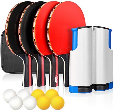 XDDIAS Ping Pong Paddle Set, Portable Table Tennis Racket Sets Includes 4 Ping Pong Rackets, 8 Game Balls, 1 Retractable Net, Storage Case for All Ages Indoor Outdoor