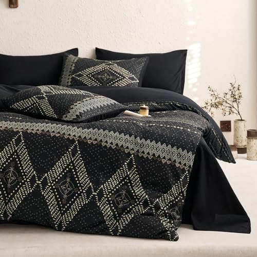 Image of Wake In Cloud - Boho Comforter Set, Farmhouse Bohemian Western Aztec Neutral Aesthetic, Soft Lightweight Bedding, 3 Pieces, Charcoal Black, King Size
