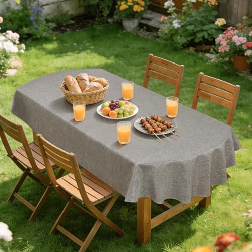 Wolkemer Farmhouse Faux Linen Oval Tablecloth 60 x 120 Inch - Water Resistant Table Cloth Washable Wipeable Table Cover for Home Kitchen Dining Wedding Party Banquet (Grey) by Wolkemer - Used condition - Image 5