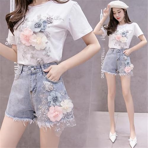 Women's High Waist Denim Shorts with Floral Lace Applique Frayed