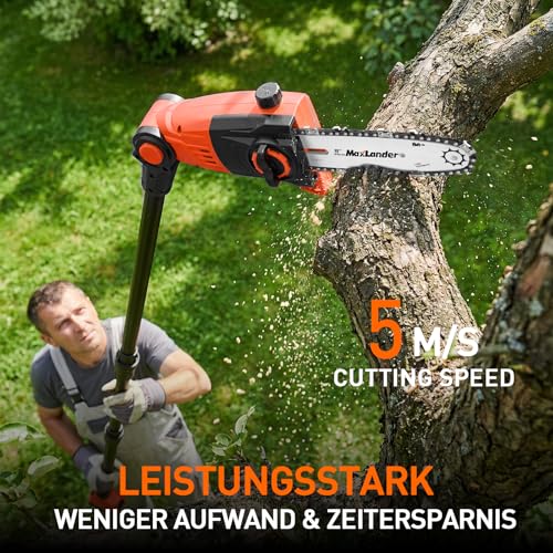 MAXLANDER Hochentaster astsäge elektrisch Akku,Teleskop Kettensäge 4,5m Reichweite elektrische Stangensäge, 5,0 m/s Schnittgeschwindigkeit, 20cm Multi-Winkel-Stangenkettensäge mit 2 * 3,0 Ah Akku