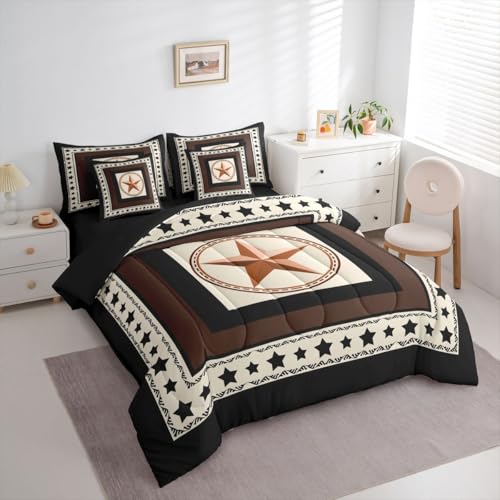 Image of Western Texas Star Bed in a Bag King Size Comforter Set 7-Piece | Black Stars Western Bedding Sets Exotic Nordic Grunge Circle Comforter and Sheet Set,Southwestern Native Ethnic Tribal Boho Decor
