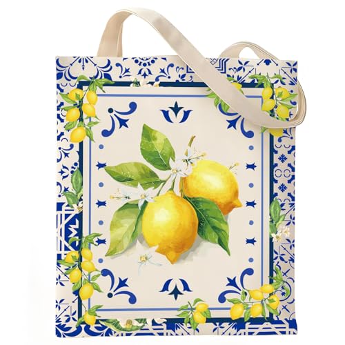 VeloKomo Lemon Canvas Bag Tote - Funny Aesthetic Reusable Gift Vintage Blue and White Porcelain Design Cloth Grocery Beach Literature Bags for Mom Women Teacher Reader Shopping Club Travel Work Gifts