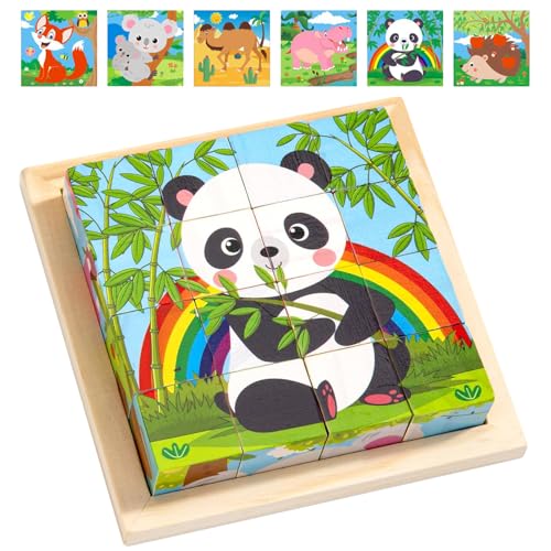 Würfelpuzzle Holz 3D Bilderwürfel Puzzlespiele, 6 in 1 Holzpuzzle Kinder Montessori Puzzle Würfel Spielzeug, Fördert Hand-Auge-Koordination, Geschenk für Jungen Mädchen, für Kinder ab 1 2 3 4 Jahre