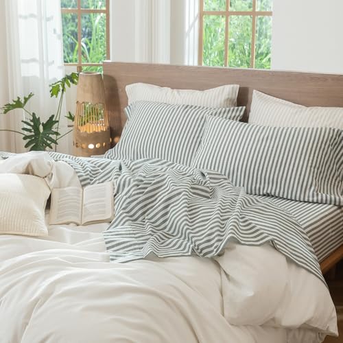 Image of MooMee Striped Sheet Set 100% Washed Cotton Linen Like Cal King