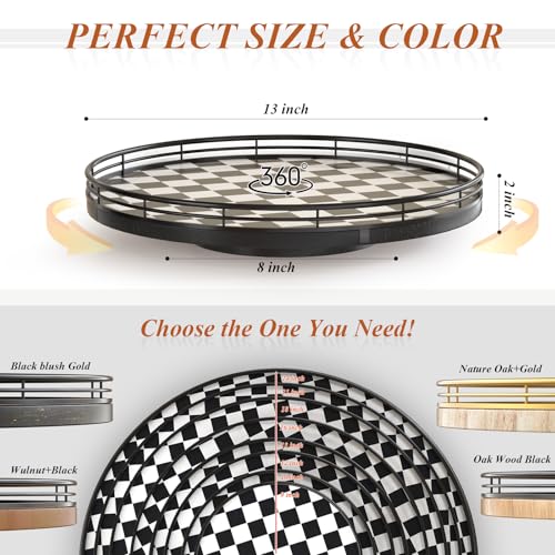 Image of Black and White Kitchen Lazy Susan Turntable - Checkered Round Decorative Tray, 13 inch Table Top Oak Wood Lazy Susan for Cookies, Dining Table Organizer, Small Kitchen Table Centerpiece